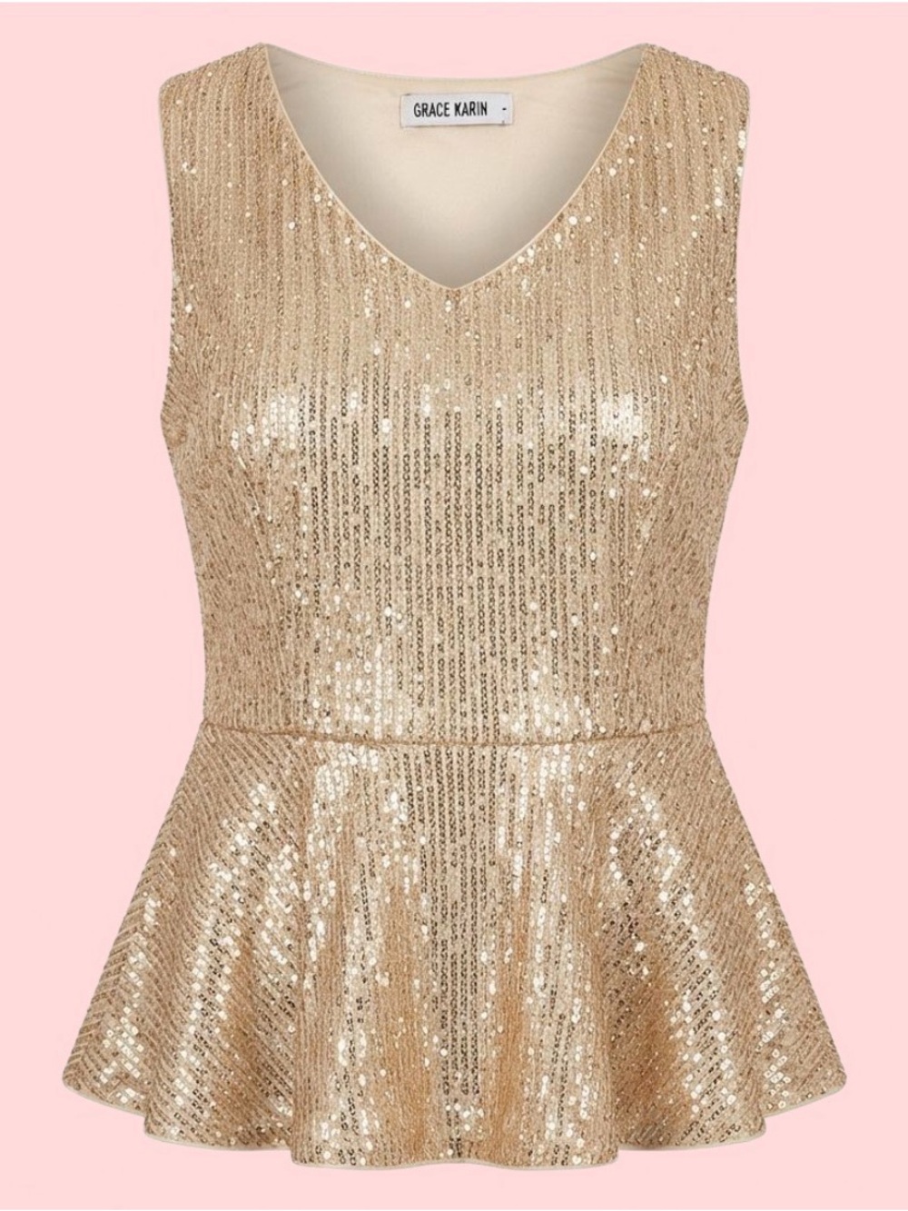 Grace Karin Gold Sequin Peplum Top Sz L Party Cocktail Formal MOB Relaxed Glam